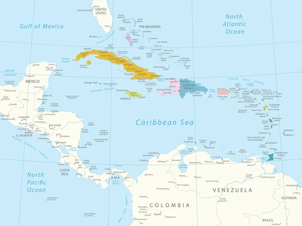 Caribe - mapa muy detallado . — Vector de stock
