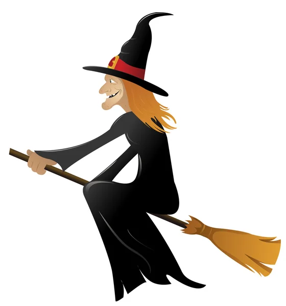 Cartoon witch flying on broomstick — Stock Vector