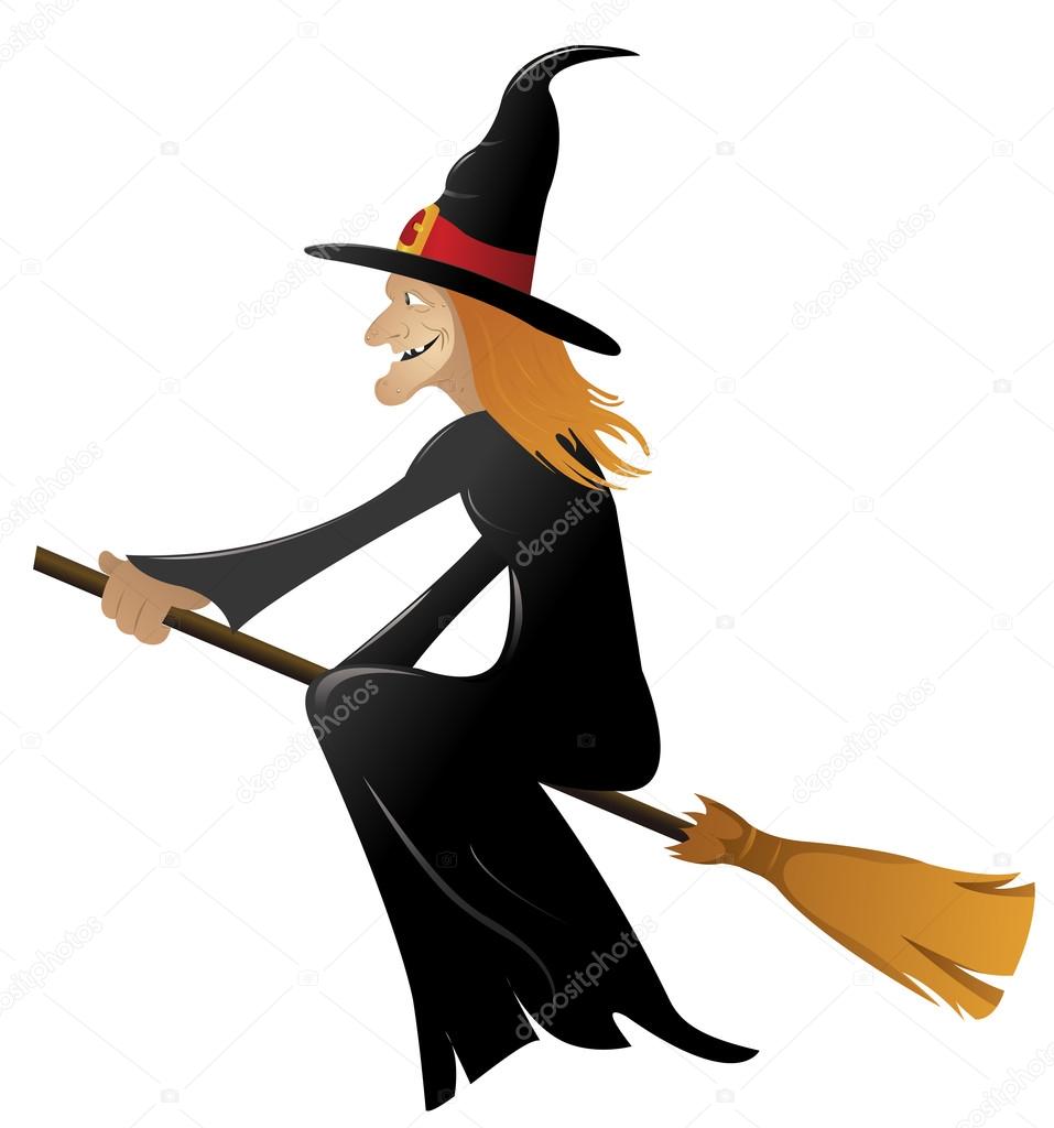cartoon witch flying on broomstick