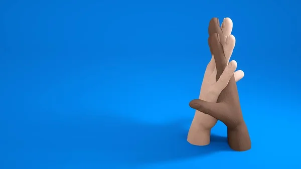 3D-Illustration eines Handschlags schwarzer und hellhäutiger Hände, ein Zeichen der Gleichheit und Freundschaft der Völker. — Stockfoto