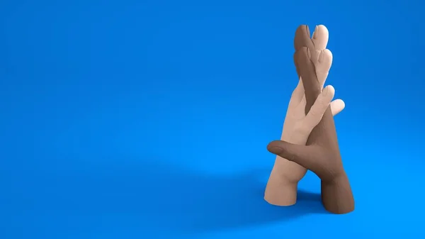 Siyah ve açık tenli ellerin el sıkışmasının üç boyutlu gösterimi, insanların eşitlik ve dostluğunun bir işareti..