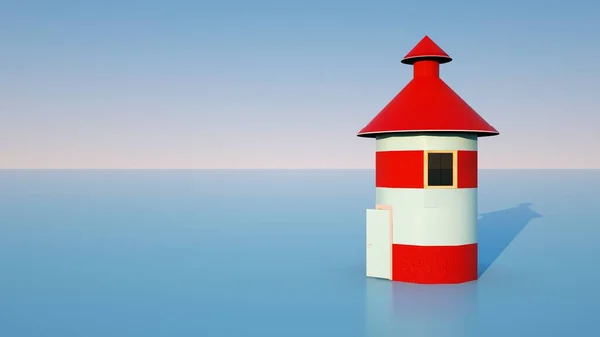 Sudaki binaların 3D görüntüsü, mavi arkaplanda bir deniz feneri. Mimari tasarım ögesi, düzen.
