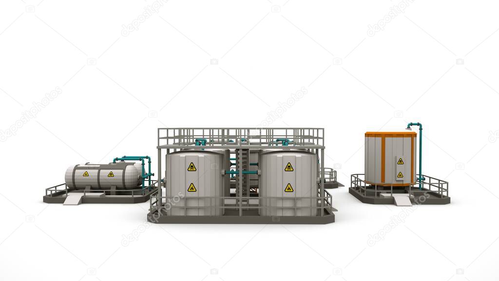Factory and plant, boilers and barrels, monochrome images, set of design elements. 3d illustration of industrial zones isolated on white background.