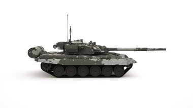 Askeri araç, kamuflaj tankı. Beyaz arkaplanda izole grafik tasarım ögesi, namlu ve raylı tank.