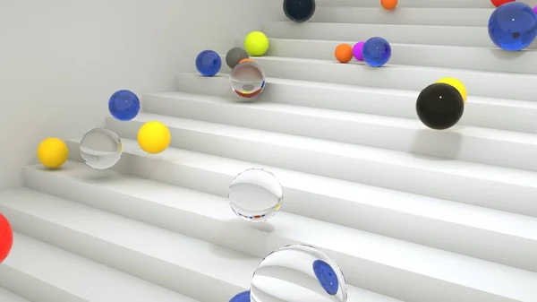 3D illüstrasyon, renkli toplar merdivenlerden yuvarlanıyor. Reklam için ekran koruyucu, tasarım ögesi.