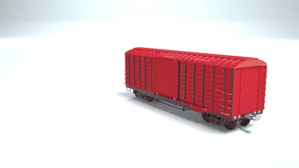 3d afbeelding van een rode spoorwagon. Grafisch ontwerp element geïsoleerd op witte achtergrond. Logistiek, goederenvervoer per spoor — Stockfoto