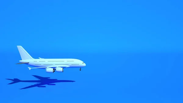 Samolot pasażerski leci na niebieskim tle, ilustracja 3D. Samolot z cieniem z salonu, element designu — Zdjęcie stockowe