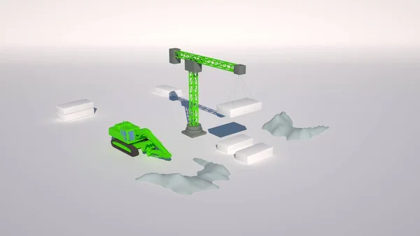 3D illüstrasyon, bir inşaat alanında kazı, renk düzeni. Mimari tasarım unsurları, beyaz arka planda izole edilmiş inşaat alanı