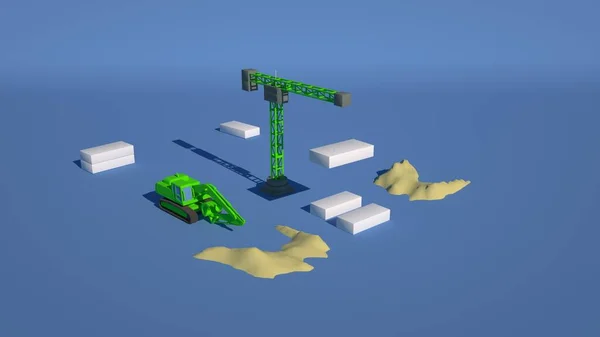 Kazıcı ve vinç bir inşaat alanında çalışıyor, renkli mimari tasarım elementleri. 3d illüstrasyon, inşaat alanının düzeni