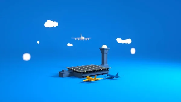 Projeto 3D do edifício do aeroporto, aviões de passageiros estão no aeroporto. ilustração 3d, elementos de design em um fundo azul — Fotografia de Stock