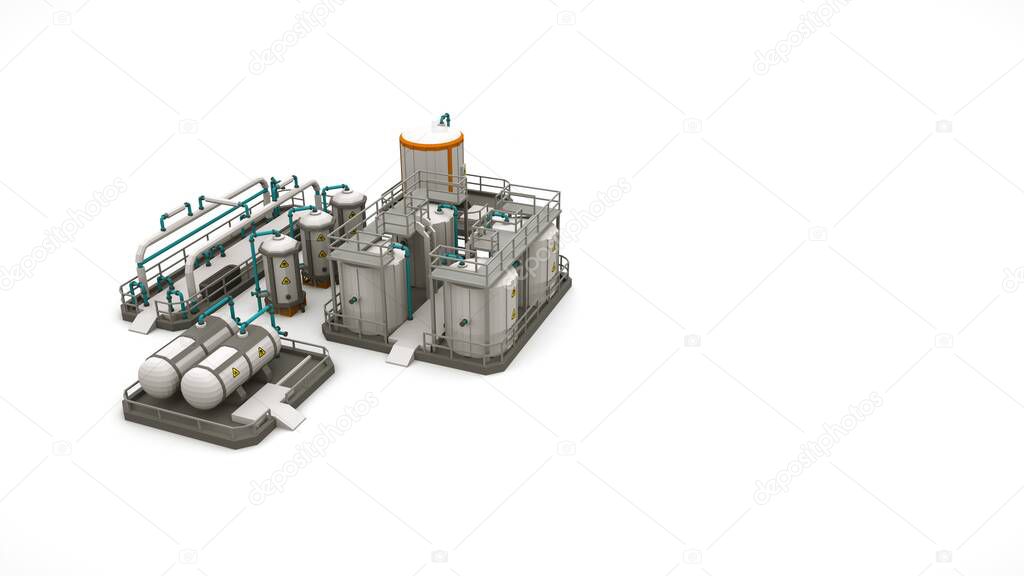 3d objects of factory production facilities, design elements isolated on white background. Chemical boilers and water towers, metal drums