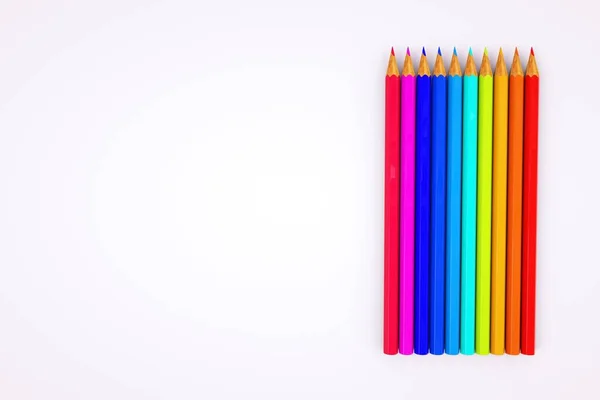 Üç boyutlu grafikler. Renkli kalemlerin resmi. Beyaz arkaplandaki renkli kalemler. Keskin kalem ucu. Yakın plan..