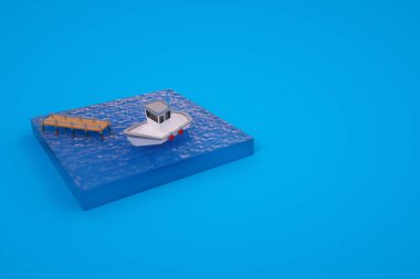 Rıhtımın ve teknenin 3 boyutlu modeli. Teknenin, iskelenin, suyun küçük grafikleri. Renkli arka plan. Mavi arka planda teknesi olan ıssız bir marina..