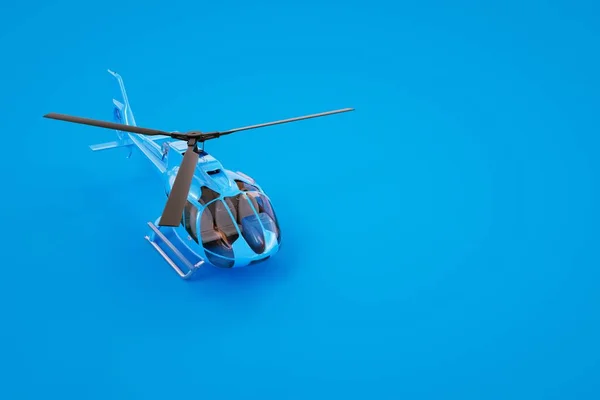 3 boyutlu grafikler, mavi bir helikopter modeli. Renkli arka planda mavi bir helikopter. Bilgisayar grafikleri. Mavi arka planda izole edilmiş helikopter.