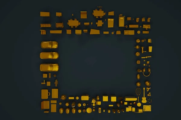 Üç boyutlu ev aletleri, ev aletleri ve mobilya koleksiyonu. Altın heykelcikler. Üç boyutlu modeller, figürler, mobilyalar. Isometric şeyler. Üst görünüm, koyu arkaplan.