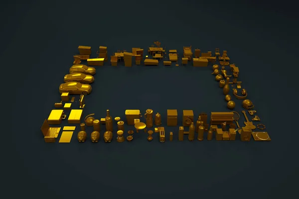 Üç boyutlu ev aletleri, ev aletleri ve mobilya koleksiyonu. Altın heykelcikler. Üç boyutlu modeller, heykelcikler, mobilyalar. Isometric şeyler, bilgisayar grafikleri. Üst görünüm, koyu arkaplan.