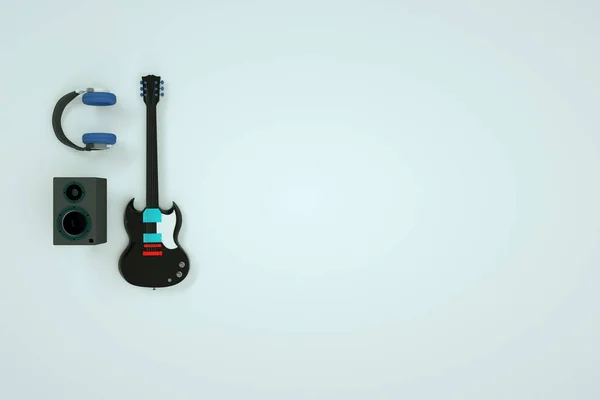 Gitar kulaklıkları ve hoparlörler. Müzik aletleri, müzik aletleri. Beyaz arka planda elektro gitar. Üç boyutlu grafikler, üç boyutlu modeller. Beyaz arkaplan.