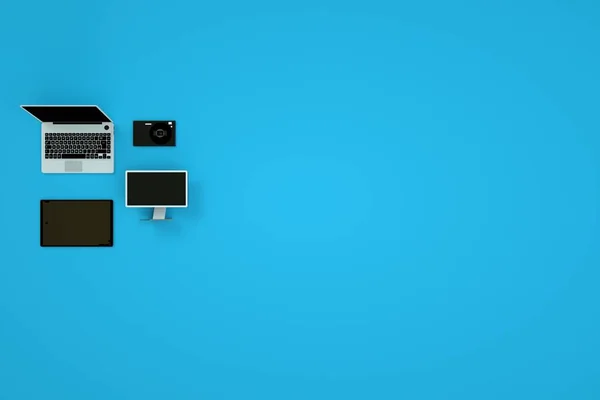 Koleksiyon, mavi arka planda üç boyutlu cihazlar. Bilgisayar, dizüstü bilgisayar, tablet ve akıllı telefon. Aygıtların bazı modelleri. Bilgisayar grafikleri.