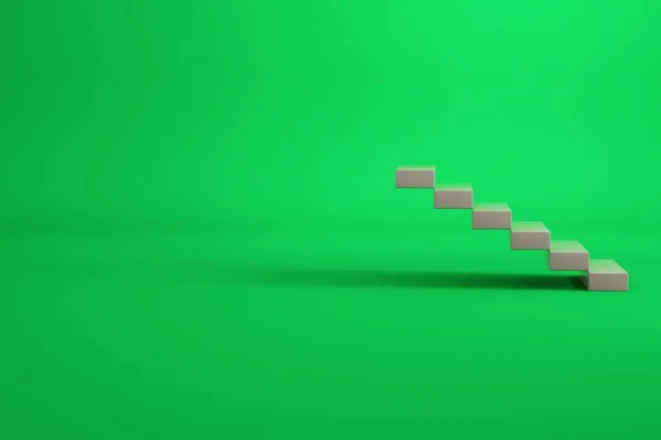 Beyaz tuğlalardan yapılmış bir merdiven modeli. Boş bir alanda merdivenler. Mobilyalar. Yeşil arkaplandaki izole nesneler.