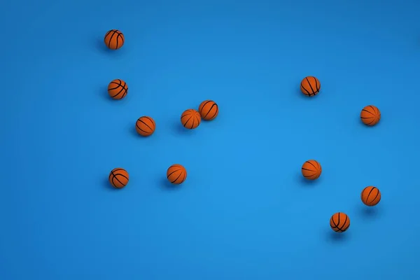 Modelos 3D de bolas esportivas. Bolas de couro laranja para jogar basquete. Lotes de bolas de basquete laranja redondas em um fundo azul isolado — Fotografia de Stock