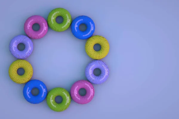 Farklı renklerde, mavi izole edilmiş arka planda üç boyutlu donutlar. Isome donutları daire şeklinde dizilmiş. 3 boyutlu grafikler, yakın plan. — Stok fotoğraf