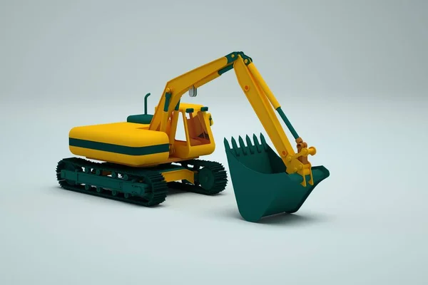 黄色的图形挖掘机矗立在白色孤立的背景上.黄色挖掘机的3D对象。等距模型。重型建筑车辆。特写。侧视图. — 图库照片