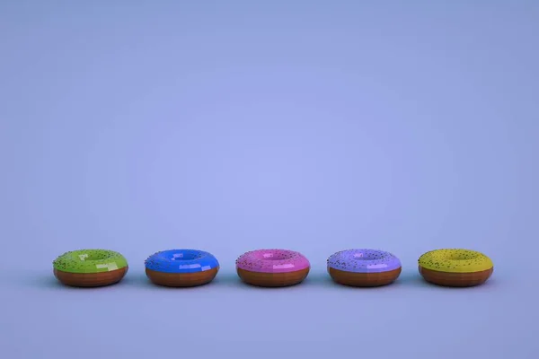 Modelli isometrici multicolori di ciambelle smaltate su sfondo blu isolato. Ciambelle diverse distese di fila. Grafica 3D. — Foto Stock