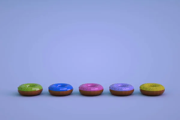 Mavi izole edilmiş arka planda çok renkli jöleli donutların izometrik modelleri. Sıraya dizilmiş farklı çörekler. 3B grafikler.