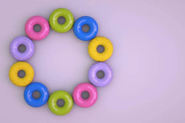 İzole edilmiş pembe arka planda renkli çöreklerden yapılmış üç boyutlu nesneler. Daire şeklinde dizilmiş rengarenk donut modelleri. Şekerleme ürünleri, 3 boyutlu grafikler. Yakın plan..