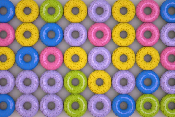 Gráficos en 3D, rosquillas de colores en esmalte se encuentran en filas. Múltiples filas de donas redondas, modelos isométricos. Donuts sobre un fondo azul. Primer plano. — Foto de Stock