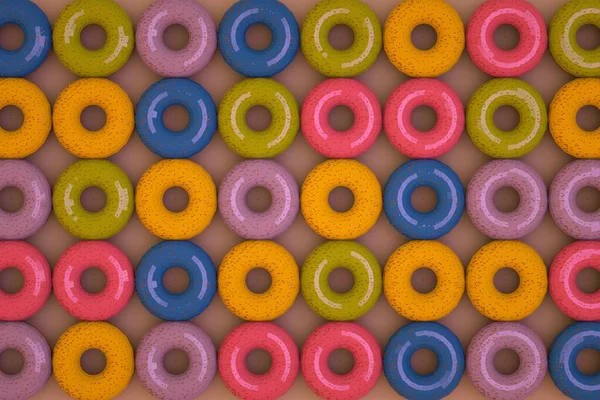Pembe izole edilmiş arka planda bir sürü renkli çörek var. 3 boyutlu grafikler, bir sürü sıra sıra donut modelleri. Yakın plan.. — Stok fotoğraf