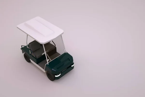 Beyaz elektrikli golf arabasının 3 boyutlu modeli. Beyaz arka planda beyaz bir golf arabası. 3D grafikler, turistler için golf arabası. Yakın çekim, üst görünüm.