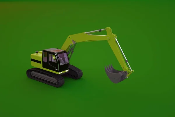 Model of a yellow excavator on a green isolated background. Object of a large heavy construction machine with a large bucket in the background. 3D graphics, close-up — Stock Photo, Image