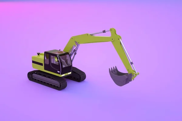 Graphisches Modell eines gelben Baubaggers auf violettem, rosafarbenem Hintergrund. Isometrisches Modell einer Baumaschine. 3D-Grafik, Nahaufnahme — Stockfoto