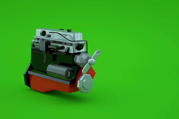 Yeşil izole edilmiş bir zemin üzerinde kırmızı büyük bir pistonun mekanik parçasının 3 boyutlu modeli. Mekanik kısım, onarım, onarım. Kırmızı büyük piston. Yakın plan.