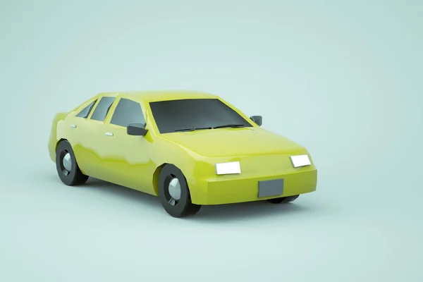 Modelo 3d de um carro amarelo em um fundo isolado branco. Carro isométrico amarelo realista ordinário em um fundo branco. Carro amarelo com os faróis acesos. Close-up — Fotografia de Stock