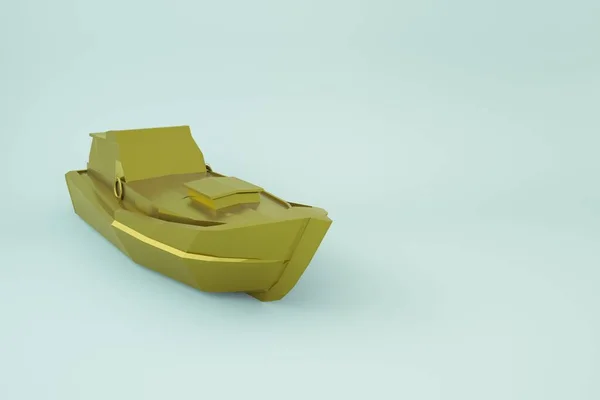 3D-Modell eines Bootes, eines Motorbootes auf weißem Hintergrund. Goldenes, gelbes Motorboot, Schnellboot. Vergoldet. 3D-Grafik, Nahaufnahme — Stockfoto