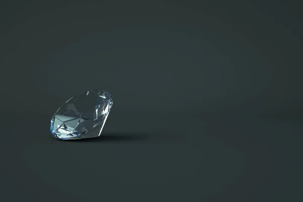 Modelo 3D isométrico de um diamante transparente de vidro. Pedra transparente preciosa encontra-se em um fundo escuro, cinza isolado. Gráficos 3D, close-up — Fotografia de Stock