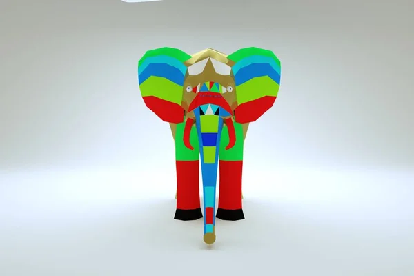 Modello 3d di elefante grafico multicolore su sfondo bianco isolato. Grafica 3d, elefante multicolore nazionale. Primo piano — Foto Stock