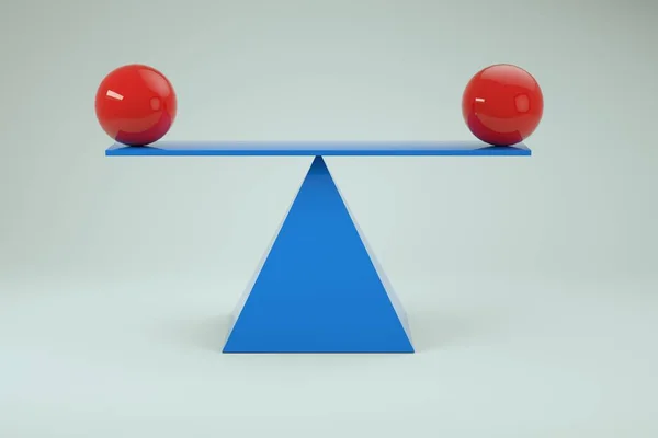 Kırmızı topları bir ölçekte dengelemek için 3 boyutlu model. Mavi dengeleyici terazi ve beyaz izole edilmiş arka planda kırmızı toplar. Yakın plan.