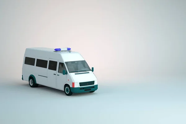 3D型警车，瓦尔，一辆在白色隔离背景上闪烁着灯光的警车。3D图像，特写 — 图库照片