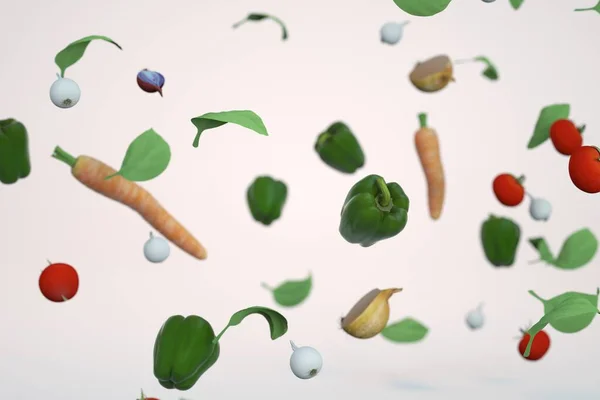 Havada küçük sebzelerin 3 boyutlu modelleri var. Havuç, marul yaprağı, biber, sarımsak, domates, lahanayla dolu beyaz bir arka plan. Sebze salatası. Yakın plan, 3D grafikler