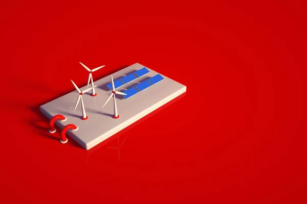 Egy napelemes erőmű és egy szélerőmű 3D modellje. Napállomás objektum egy piros elszigetelt háttérrel. Felülnézet, oldalnézet — Stock Fotó