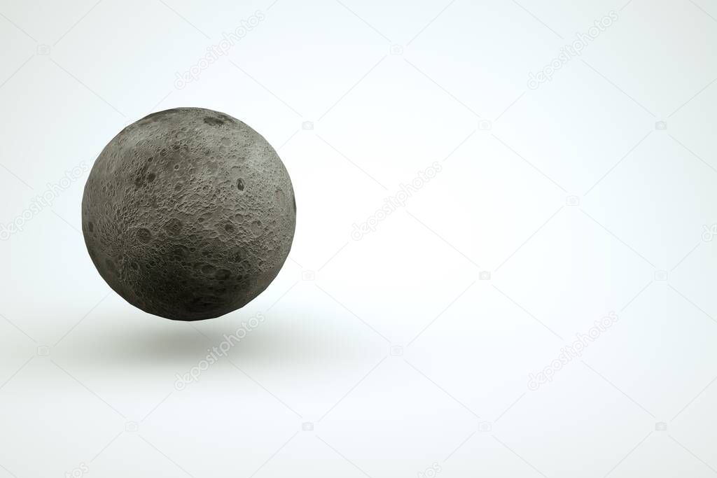 3D model of a large sphere, a full gray moon on a white isolated background. 3D graphics, isolated object of the full moon. Close-up