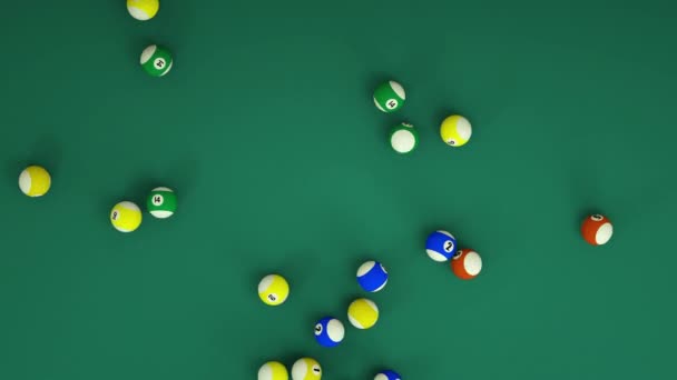 Un montón de bolas de billar ruedan sobre la mesa. Muchas bolas de la piscina.Bolas de esfera de colores con números.Billar, Piscina. Animación abstracta.3D generada — Vídeo de stock