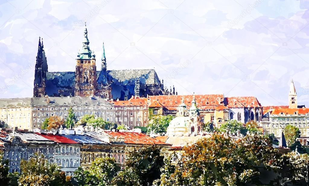 Watercolor Prague Castle painting