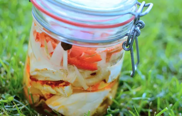 Pickled cheese in jar — Stock Photo, Image