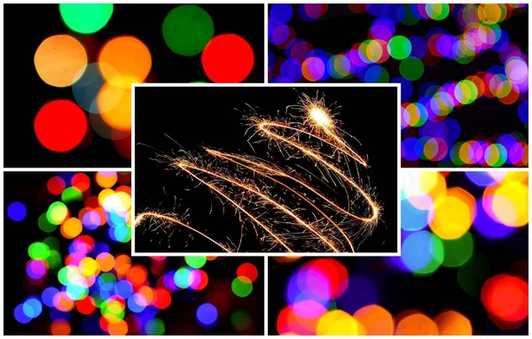 Colagem Natal Com Luzes Círculo Bokeh Coloridas Borradas Árvore Iluminada — Fotografia de Stock