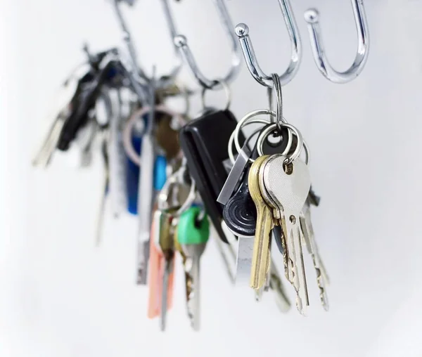 Close Bunch Keys Hanging Hooks — Stock Photo, Image