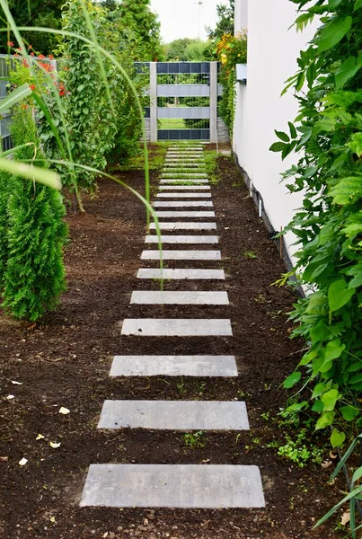 Paseo Lateral Hecho Bloques Hormigón Largo Pared Una Casa Jardín —  Fotos de Stock